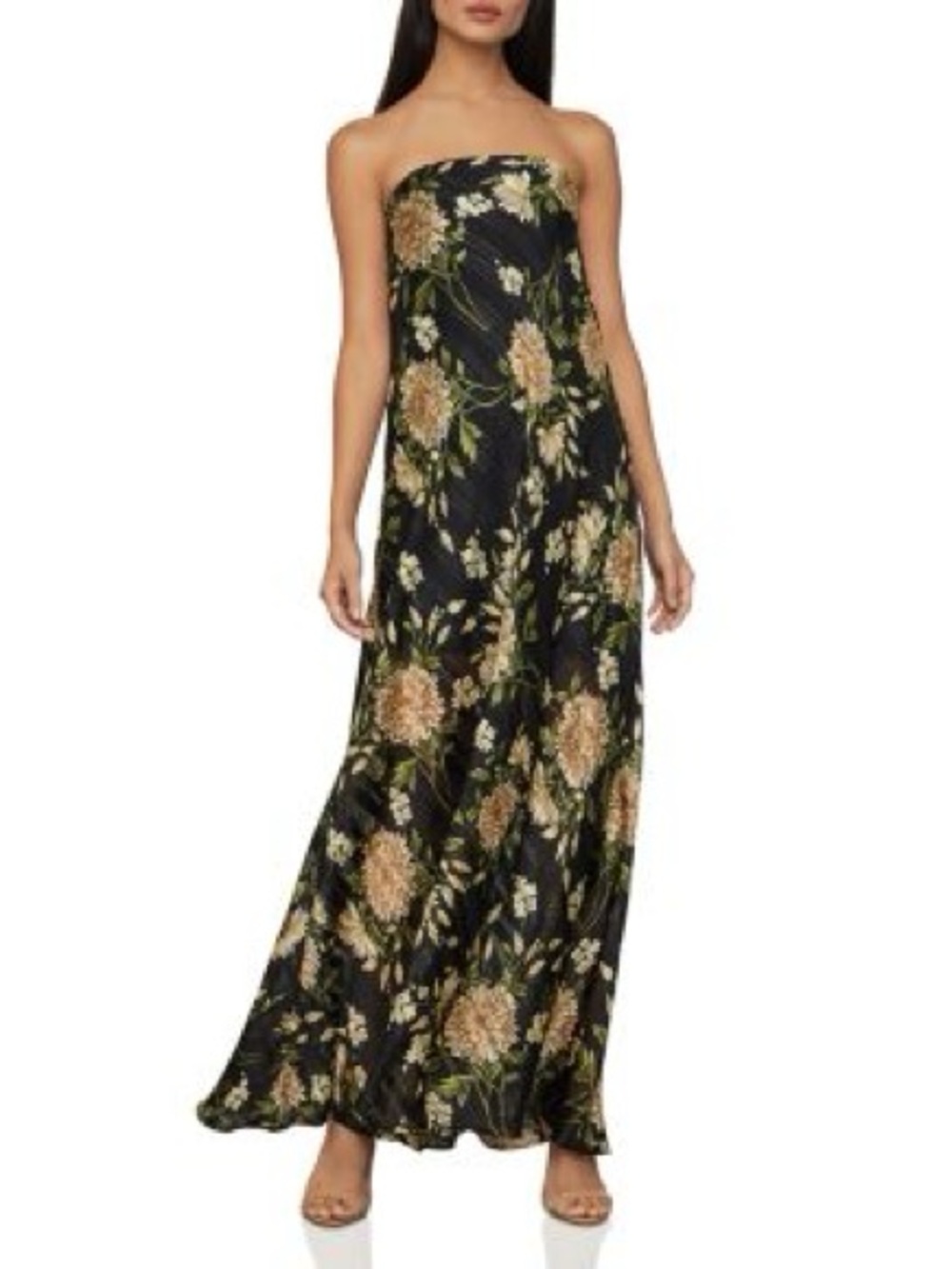 BCBGMaxAzria Black Strapless Floral Maxi Dress with Gold and Green Print